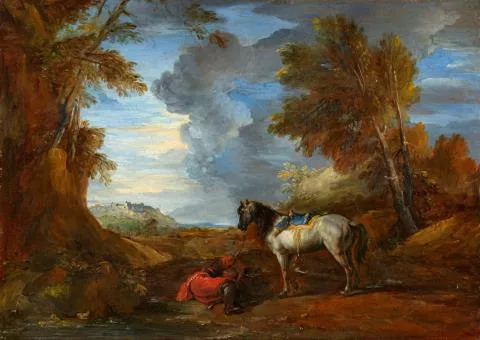 Charles Parrocel — Paysage avec un cavalier endormi et un cheval gris sellé