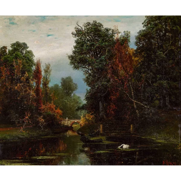 Julius von Klever — Idyllische Flusslandschaft mit einem Schwan.