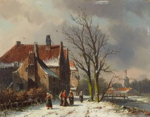 Adrianus Eversen — Holländische Stadt an einer Gracht im Winter