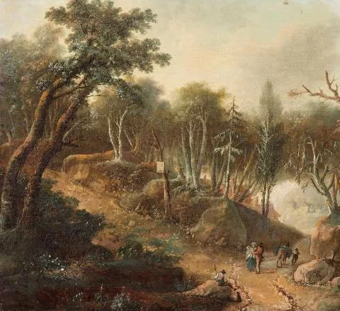 Иоганн Генрих Рамберг — Paysage forestier avec un chemin animé