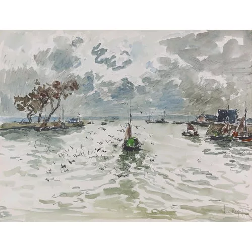 Fernand Herbo — Scorcio estivo di canale con barche da pesca.