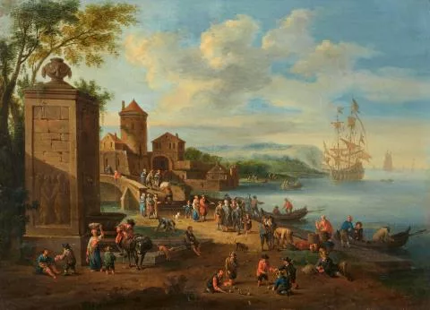 Pieter Bout — Buntes Treiben an einem Hafen vor einer befestigten Stadt