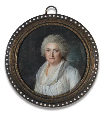 Lié Louis Périn — Rundes Miniatur Portrait einer Frau in weissem Seidenkleid