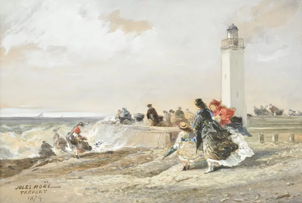 Jules Noël — Crinolines à la plage du Tréport par temps venteux