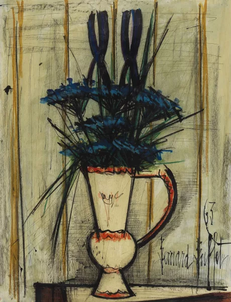 Bernard Buffet — Ombelles et iris bleus dans un pichet (1963)