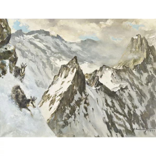 Hannes Liederley — Winterliche Gebirgslandschaft mit Gemsen.