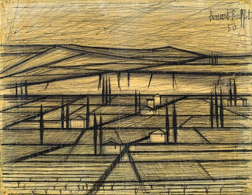 Bernard Buffet — Paysage avec champs, 1950
