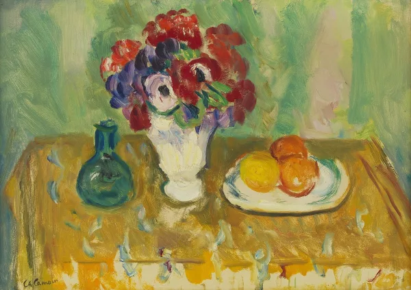 Charles Camoin — Bouquet d'anémones et fruits dans une assiette
