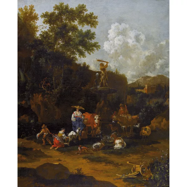 Johannes van der Bent — Italienische Landschaft mit Bauern am Herkulesbrunnen.