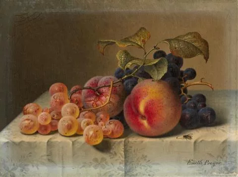 Emilie Preyer — Nature morte aux pêches et aux raisins sur une nappe blanche