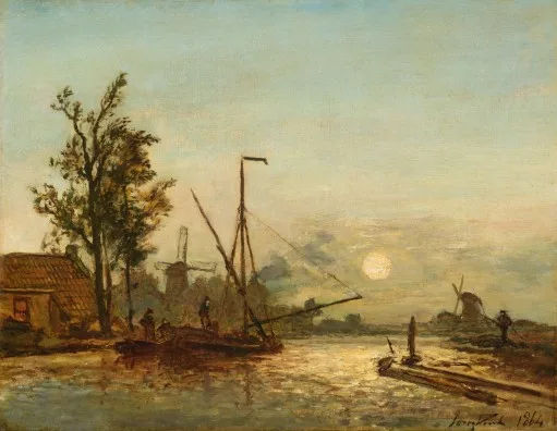 Johan Barthold Jongkind — Barques au coucher du soleil, Hollande, 1864