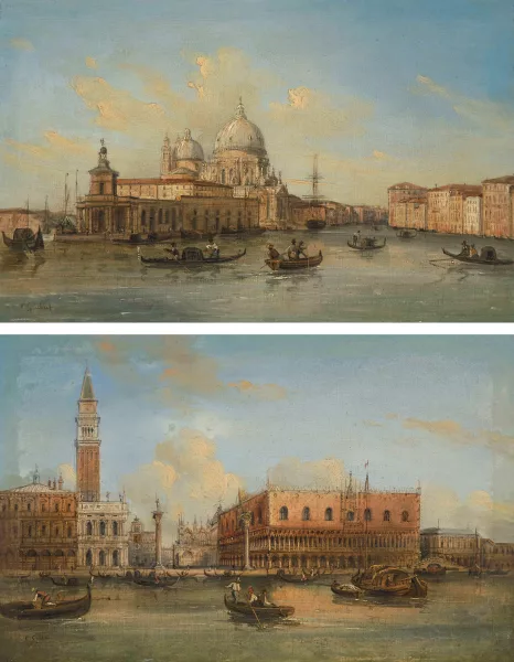 Carlo Grubacs — Gegenstücke: Ansicht von Venedig mit dem Markusdom und dem Dogenpalast / mit der Dogana und der Kirche von S