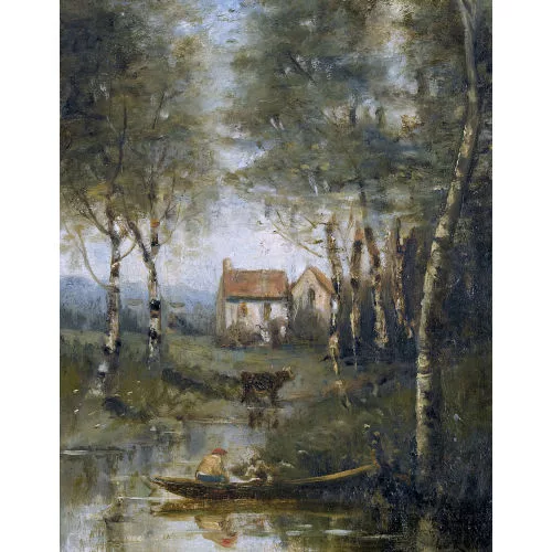 Jean-Baptiste Camille Corot — JEAN BAPTISTE CAMILLE COROT zugeschrieben — Uferpartie mit Boot und Haus