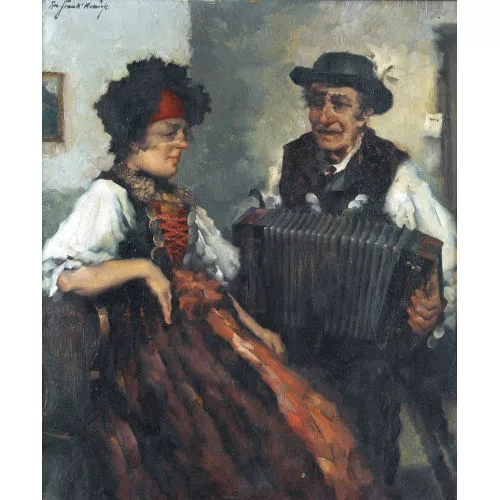 Robert Frank-Krauss — Intérieur avec accordéoniste et femme en costume traditionnel.