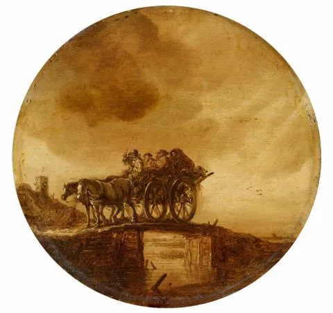 Maerten Fransz. van der Hulst — Besetzter zweispänniger Pferdewagen überquert eine Holzbrücke