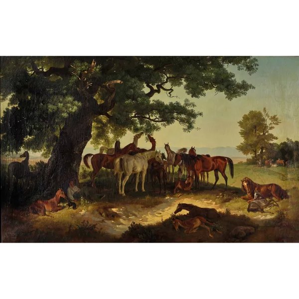 Johann Baptist Zwecker — Rastende Pferde unter schattigem Baum.