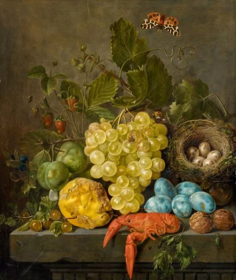 Johann Daniel Bager — Stillleben mit Früchten, Krebs, Insekten und Vogelnest auf einem Steintisch