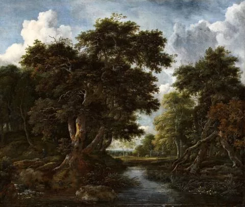 Jacob Isaacksz. van Ruisdael — Waldlandschaft mit Fluss und Jägern