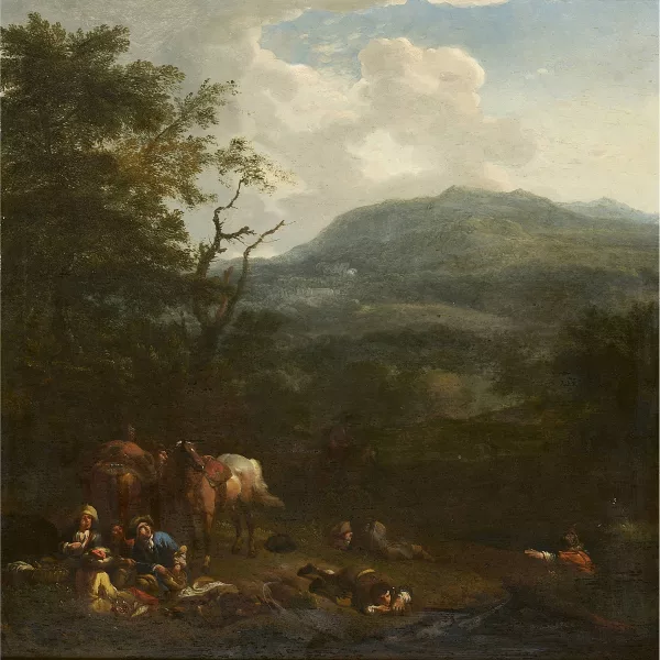 Jan Van Huchtenburg — Landschaft mit rastenden Reitern.