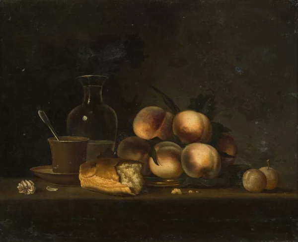 Henri-Horace Roland Delaporte — Umkreis Stilleben mit Pfirsichen, Brot, Tasse und Glaskaraffe