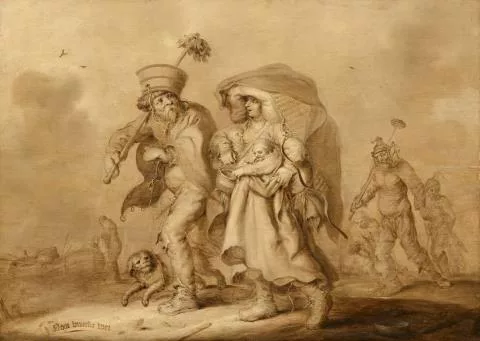 Adriaen Pietersz van de Venne — Noot breeckt wet – Ein Paar, beladen mit Hausrat und zwei kleinen Kindern, zieht über Land, gefolgt von weiteren Habenichtsen