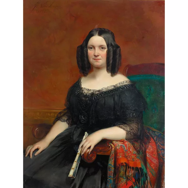 Joseph Van Lerius — Porträt einer Dame in schwarzem Spitzenkleid.