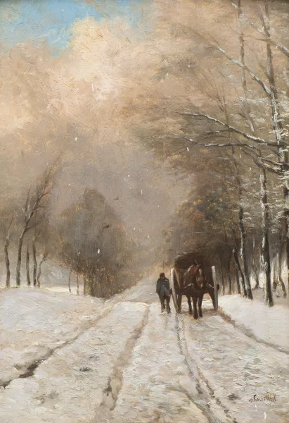 Louis Apol — D’après Louis APOL — Louis APOL (1850-1936) d'après, 'Carrosse sur une route enneigée', huile
