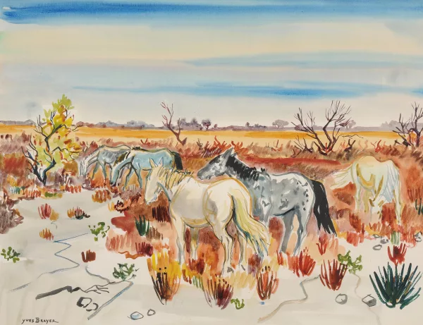 Yves Brayer — Pferde in Landschaft mit gelb-blauem Himmel