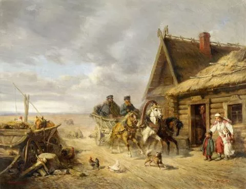 Wilhelm Amandus Beer — Russische Bauernszene mit vorbeirasender Troika