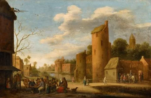 Joost Cornelisz. Droochsloot — Landschaft mit einer befestigten Stadt und Bauern vor einem Wirtshaus