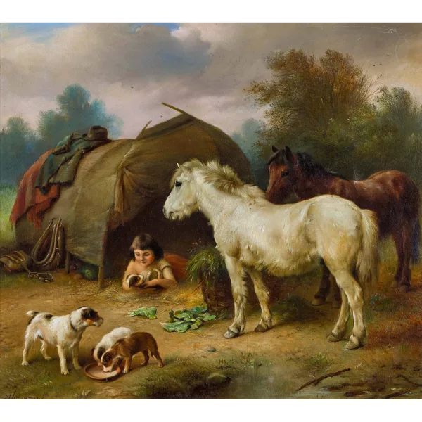 Walter Hunt — Mädchen, Pferde und Hundewelpen vor einem Zelt.