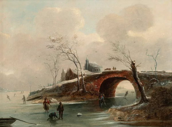 Jules-César-Denis van Loo — Entourage de Jules César Denis Van Loo — Paysage hivernal au pont et patineurs,