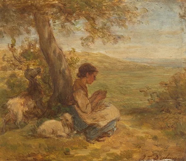 Jakob Dielmann — Strickendes Hirtenmädchen unter einem Baum