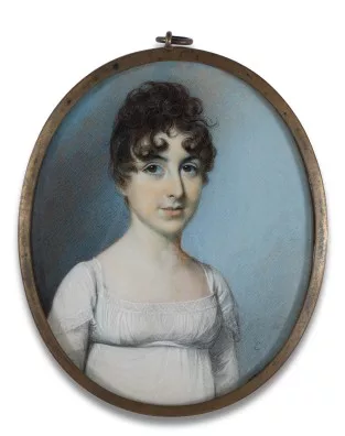 George Engleheart — Ovales Miniatur Portrait einer jungen Frau in weissem Kleid, 1807