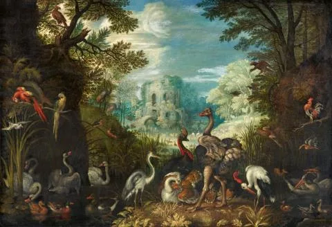 Roelandt Savery — Landschaft mit Rundturm und Bogenbrücke, im Vordergrund Wasser- und Wattvögel