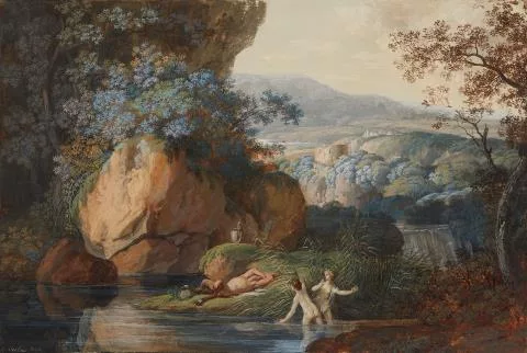 Jacob Wilhelm Mechau — Südliche Landschaft mit schlafendem Faun und zwei Badenden