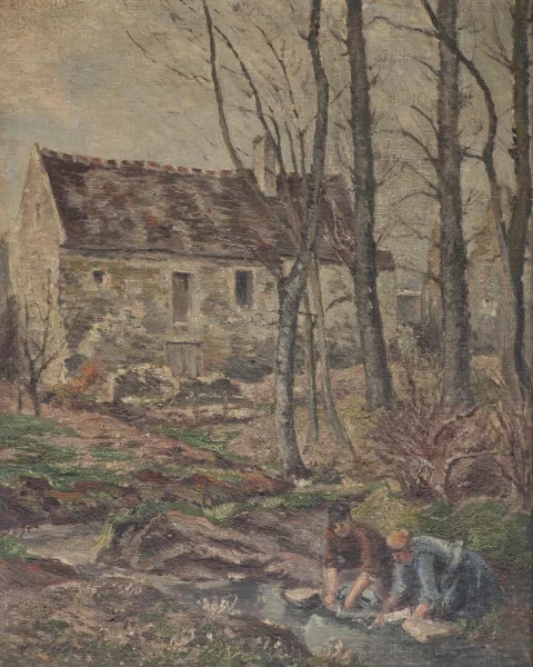 Victor Vignon — Victor VIGNON (1847-1909), "Laveuse au bord d'un ruisseau près d'une ferme, huile sur toile, signé