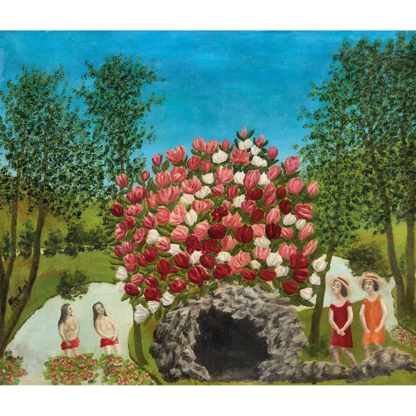 André Bauchant — Personnages regardant des fleurs.
