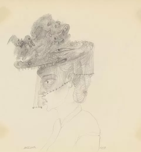 Hans Bellmer — Ohne Titel (Dame mit animalischem Hut). Rückseitig: Kopfstudien