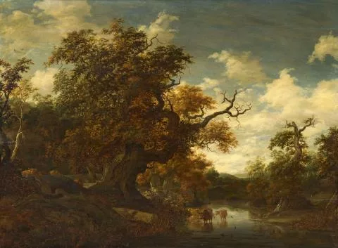 Jacob Salomonsz. van Ruysdael — Landschaft mit großer Eiche, Gewässer und Rindern