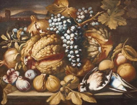 Abraham Brueghel — Früchtestillleben mit Vögeln