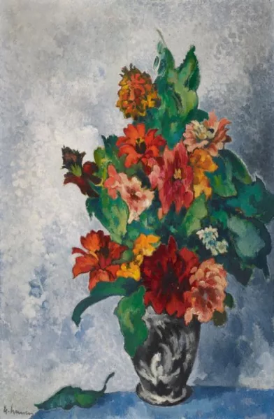 Heinrich Nauen — Zinnias dans un vase noir et blanc
