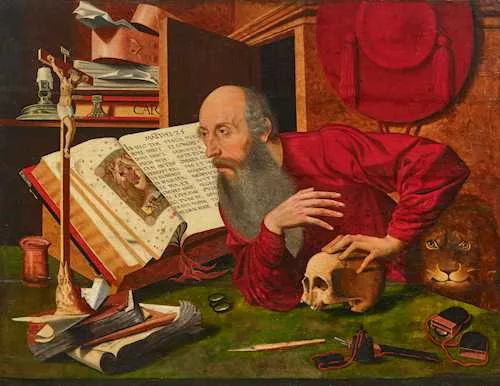 Marinus van Reymerswaele — Suiveur de MARINUS VAN REYMERSWAELE — Saint Jerome in his study.