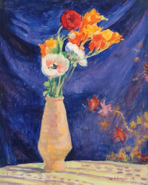 Henri Lebasque — Vase d'anémones sur fond bleu