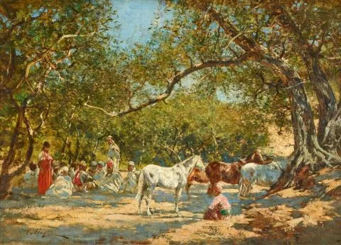 Victor Huguet — Unter Bäumen rastende Beduinen