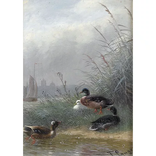 Fritz Lange — Ducks on a Riverbank with Reeds