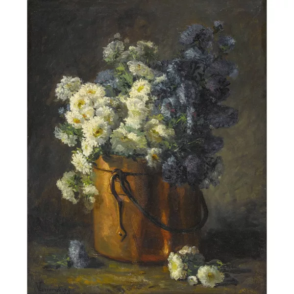 Victor Lecomte — Stillleben mit Astern im Kupferkessel.