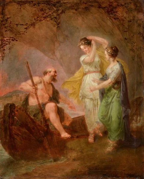 Bernhard Rode — Charon fordert zwei Frauen auf, in seinen Kahn zu steigen