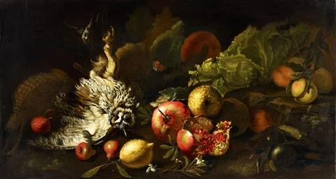 Simone del Tintore — Stillleben mit Eule und Granatapfel