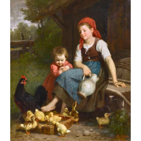 Rudolf Epp — Deux enfants de paysans avec une poule et des canetons